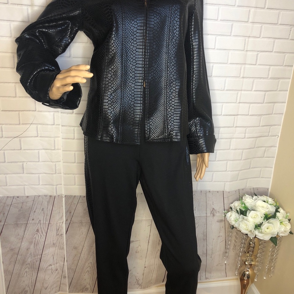 Chic Black Faux Leather Jacket and Pants Set size 8